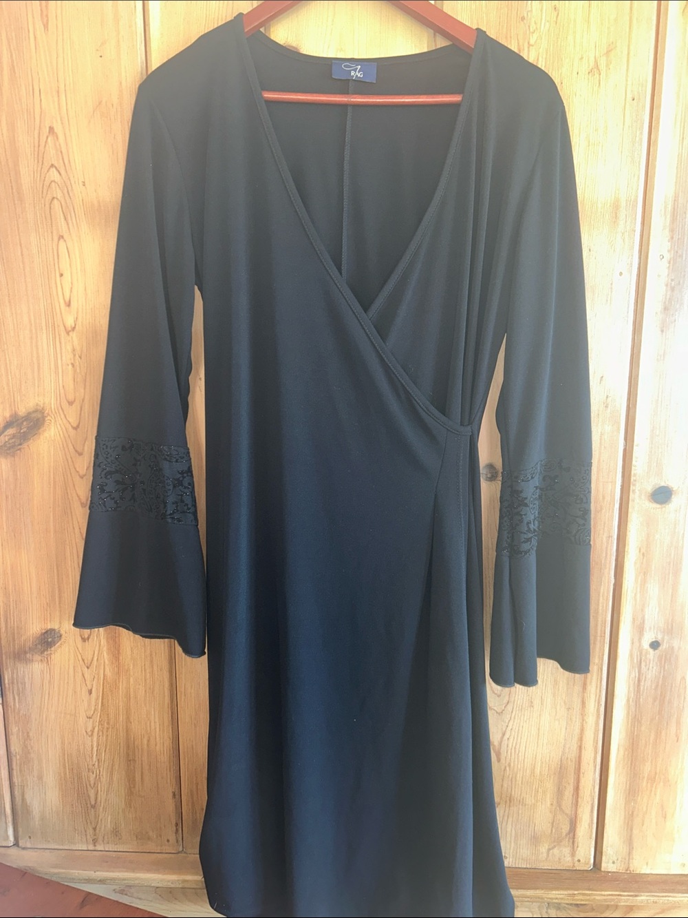 American Rag Black Faux-Wrap Long Sleeve Dress with Lace Bell Sleeves